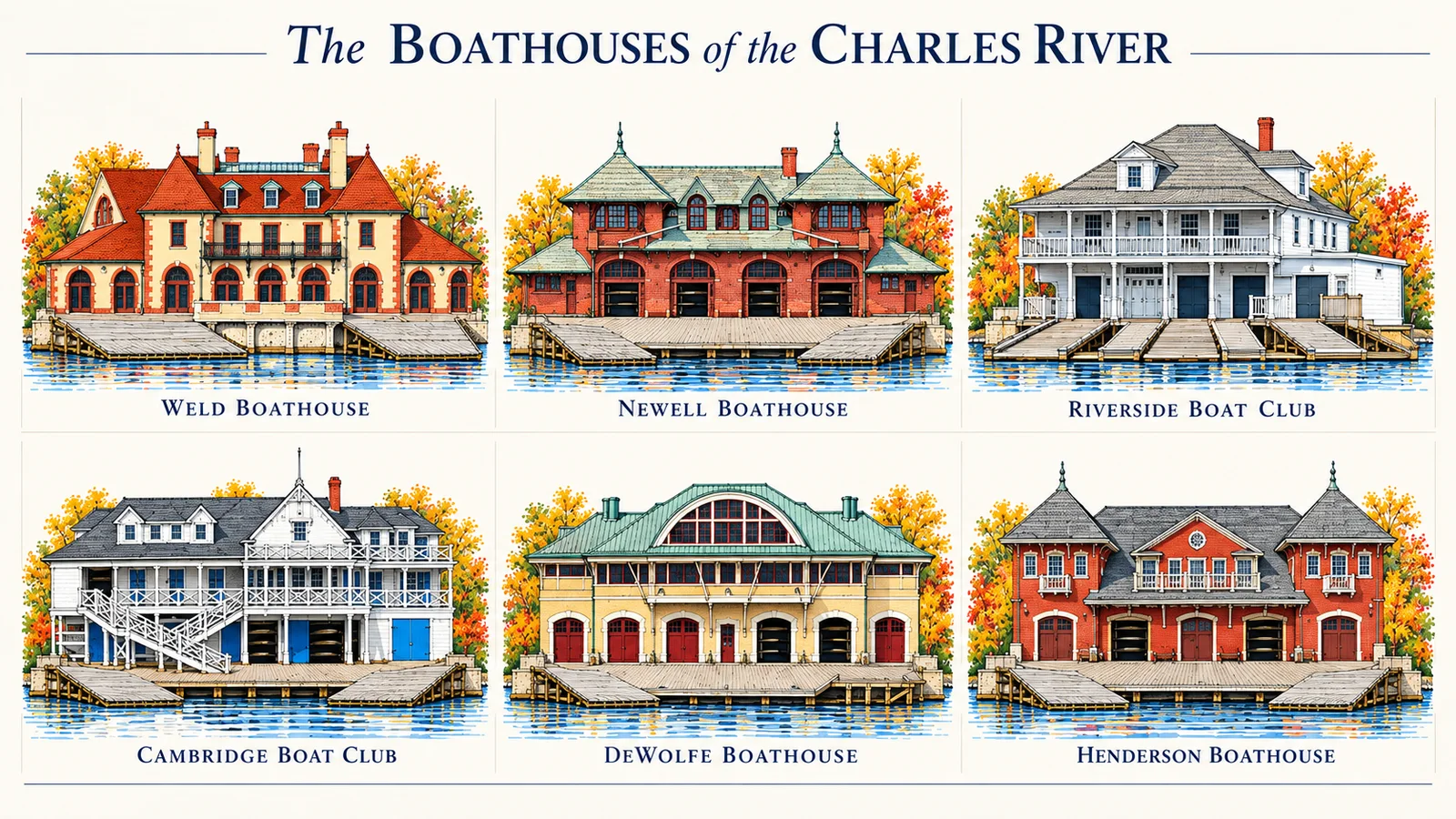 The six boathouses of the course: Weld, Newell, Riverside, Cambridge Boat Club, DeWolfe and Henderson