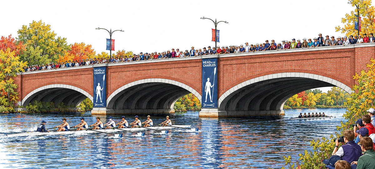 An eight coming through Eliot Bridge on race day, the crowd along the parapet and the bank